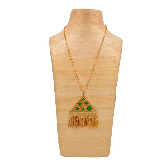 Cabochon Chain Tassel Necklace Pendant Green Gold Tone Dangle Vintage BinR - Picture 2 of 12